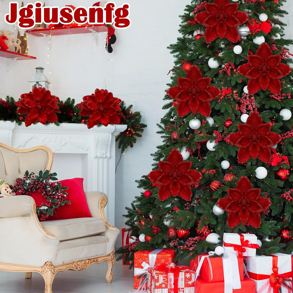 8 Pcs Large 12" Christmas Magnolia Flowers, Burgundy