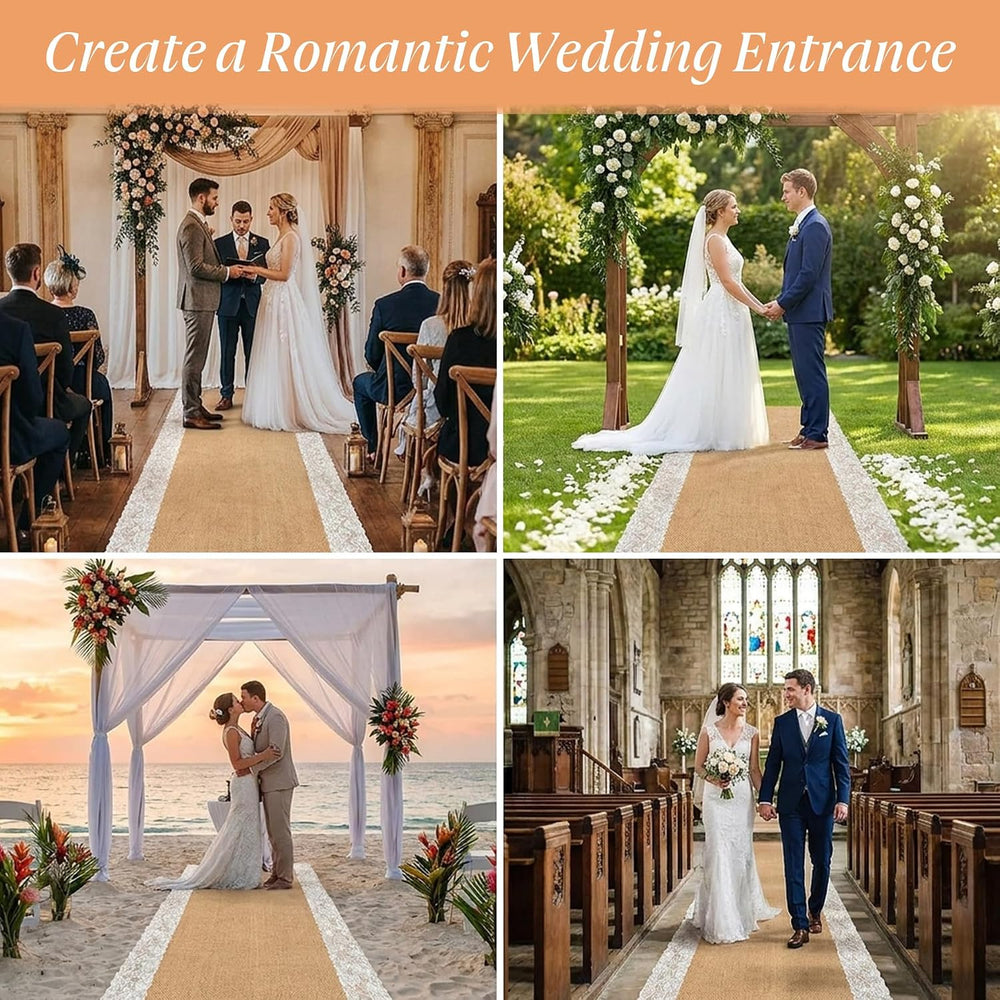3x33ft Thickened Burlap Wedding Aisle Runner Lace, Natural Jute Runner for Ou...