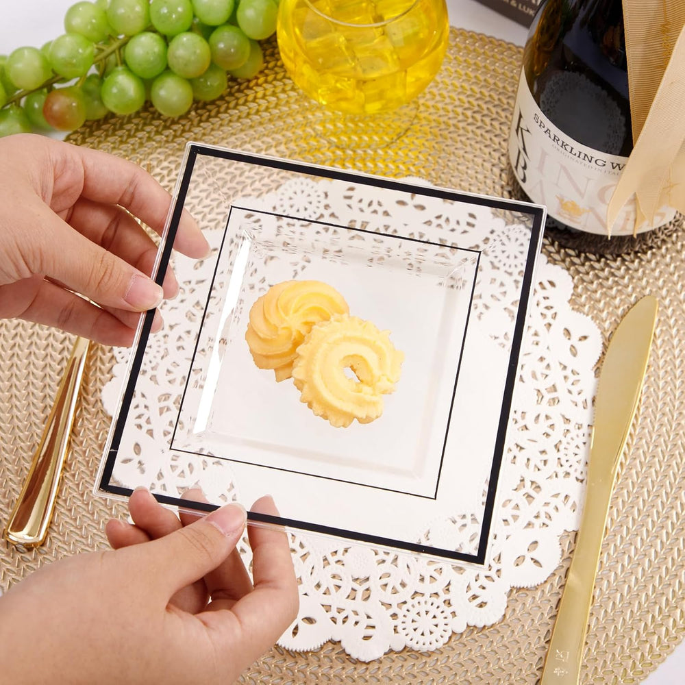 bUCLA 100PCS Black Square Plastic Plates Disposable - 6 inch Clear and Black ...