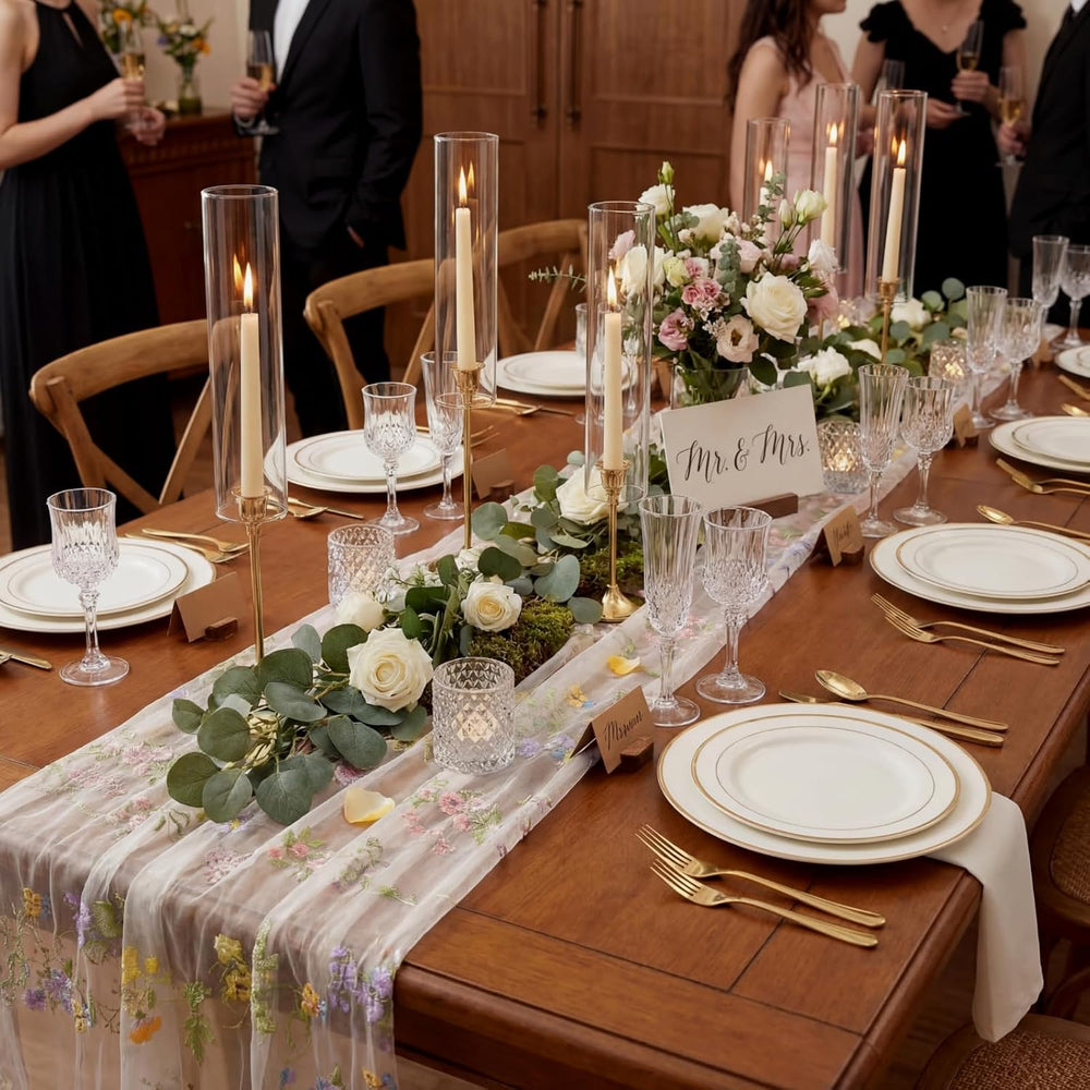 Ivory White Floral Table Runner 10ft Embroidery Tulle Wildflower