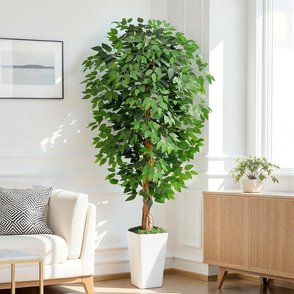 6ft Ficus Artificial Tree with 3 Natural Curved Trunks, 74" Tall Lush Fa...