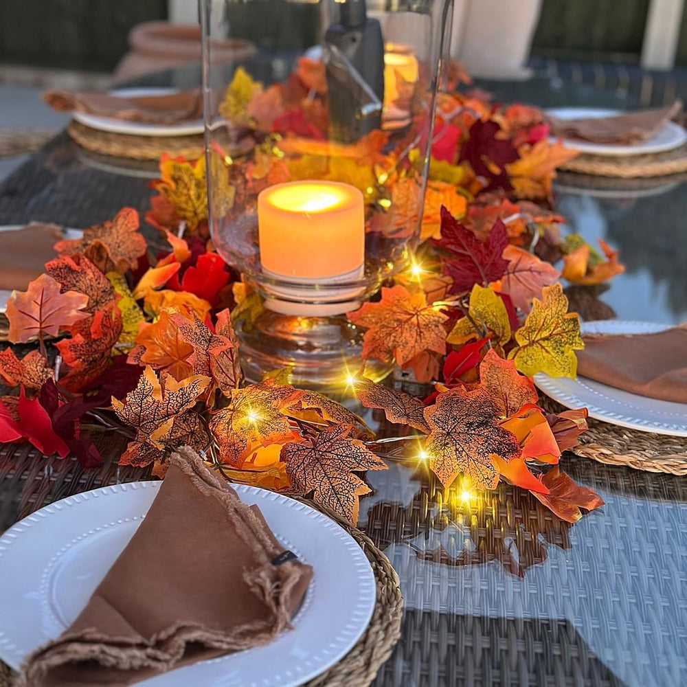 8 Pack Fall Leaf Garland with Lights,Fall Decor Halloween Lights Artificial M...