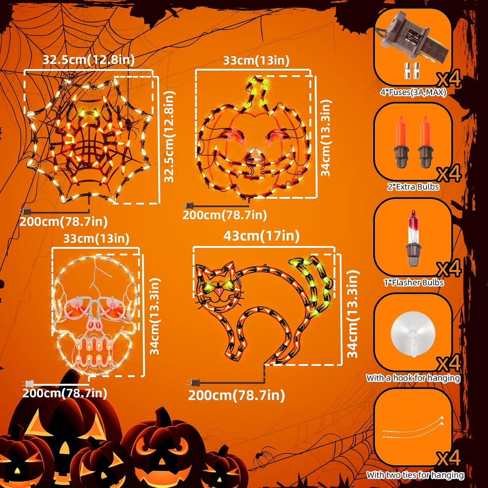 4 Pack Lighted Halloween Window Silhouette Decoration,Jack-O-Lantern, Cobwet,...