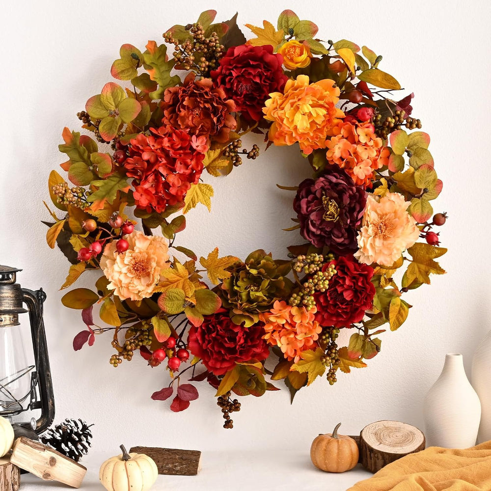 2 Pcs Fall Wreaths for Front Door, 24 Inch Fall Door Wreath with Hydrangea