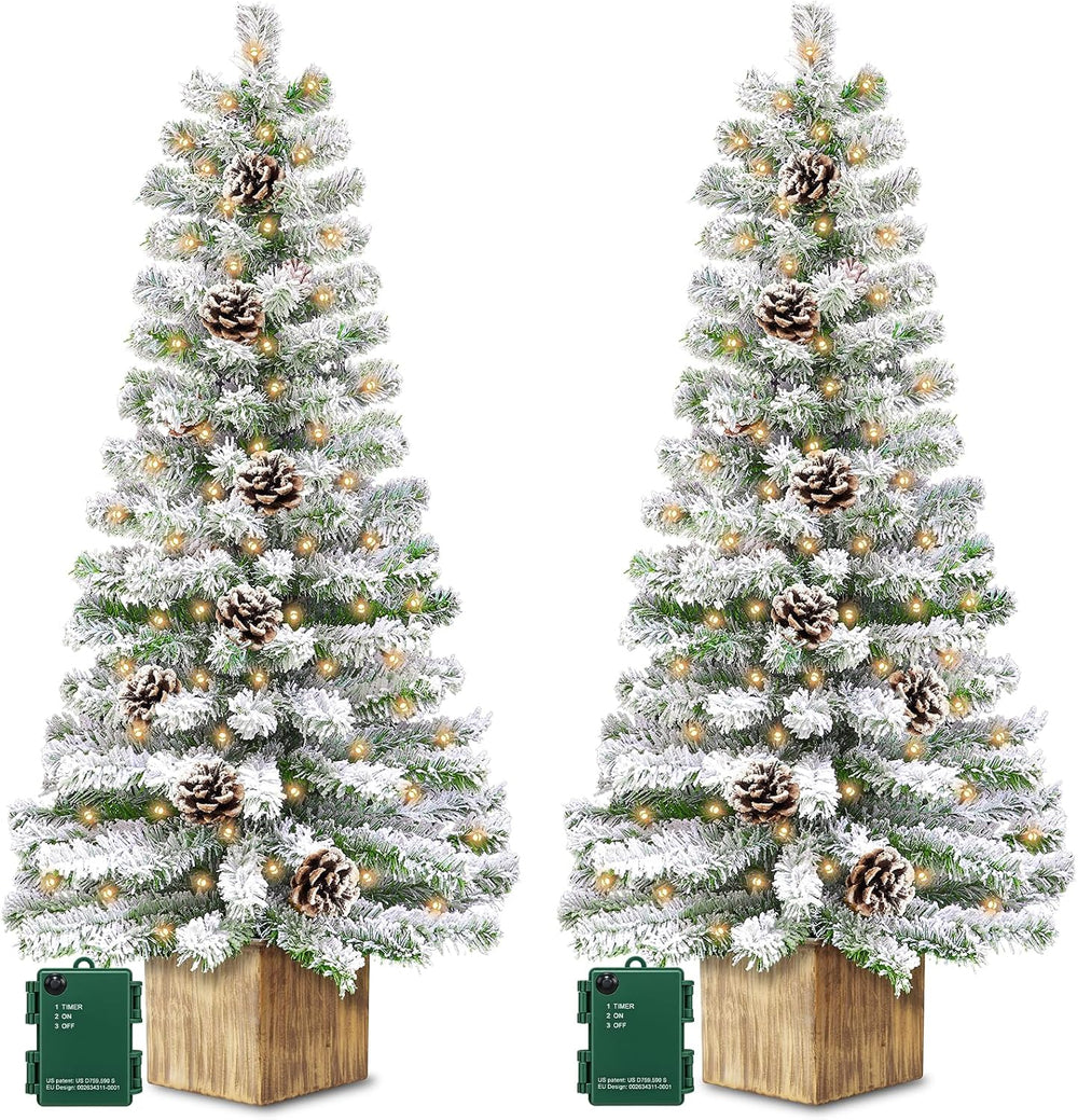 Outdoor Christmas Decor 2 Pack 4 Ft Snow Flocked Entrance Tree with Lights