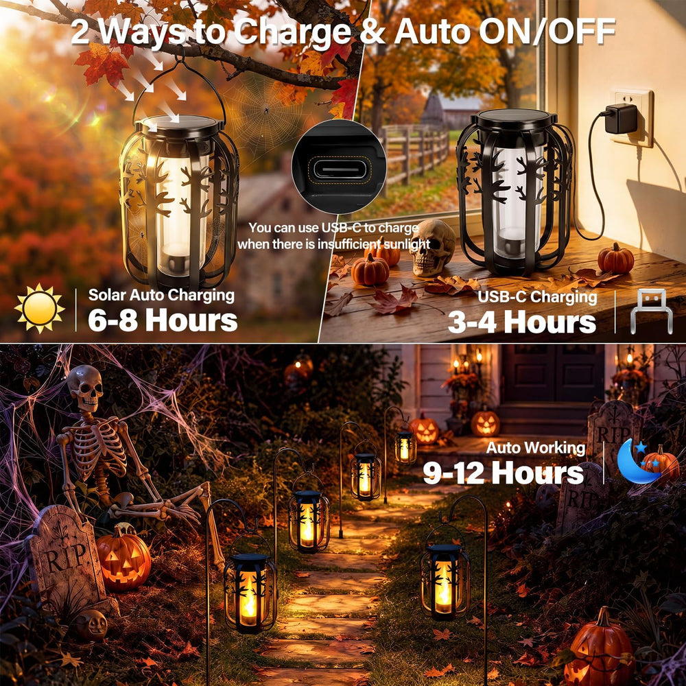 Halloween Solar Lanterns Outdoor 4Packs 4 Lighting Modes USB-C Rechargeable