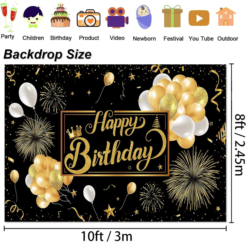 Black and Gold Happy Birthday Party Decoration Backdrop - 10x8ft Golden Ballo...