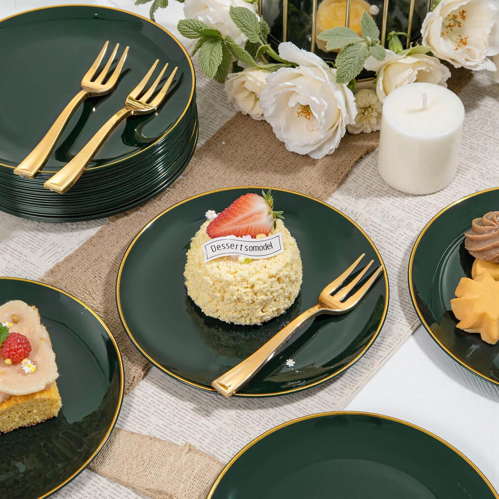200Pcs Green Dessert Plates 6.3" with Plastic Forks 5"- Small Dispo...