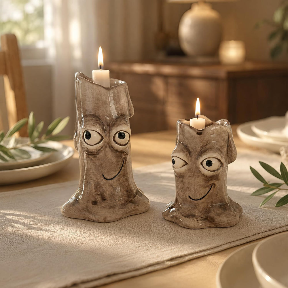 2 PCS Ceramic Candle Holders, Funny Face Decor Set for Home