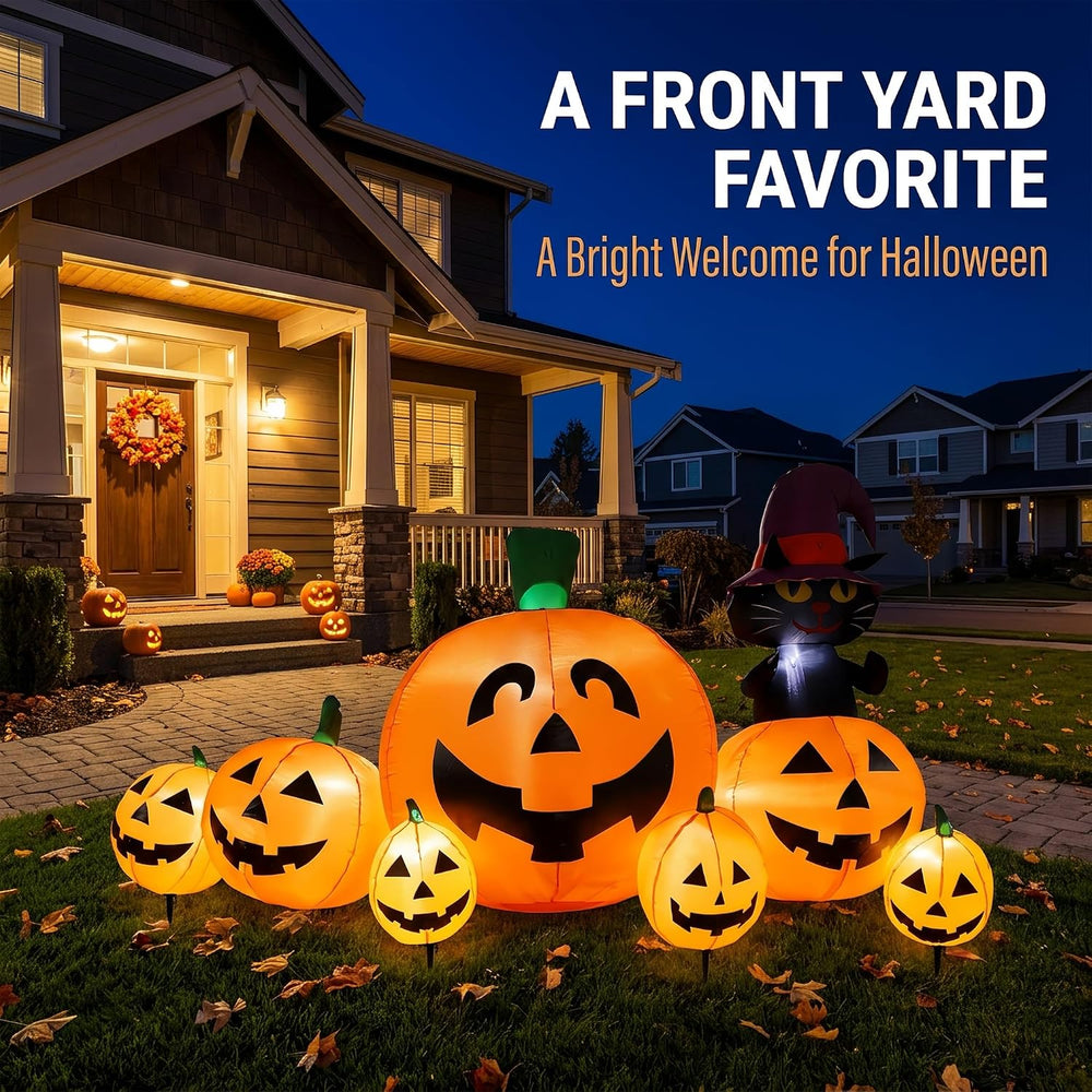 8FT Halloween Inflatable Pumpkin Decor,Witch Hat Black Cat Yard Halloween Par...