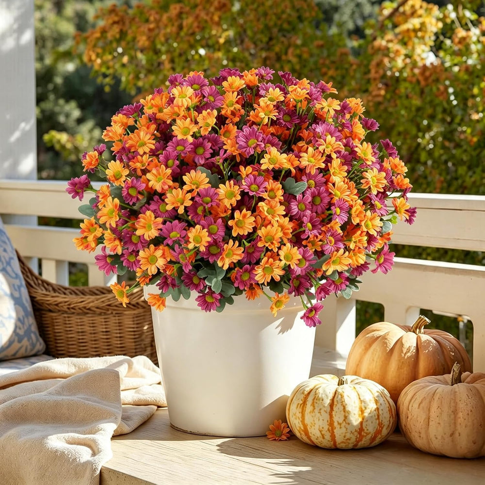 12 Bundles Fall Flowers Artificial, UV Resistant Faux Mums for Outdoors