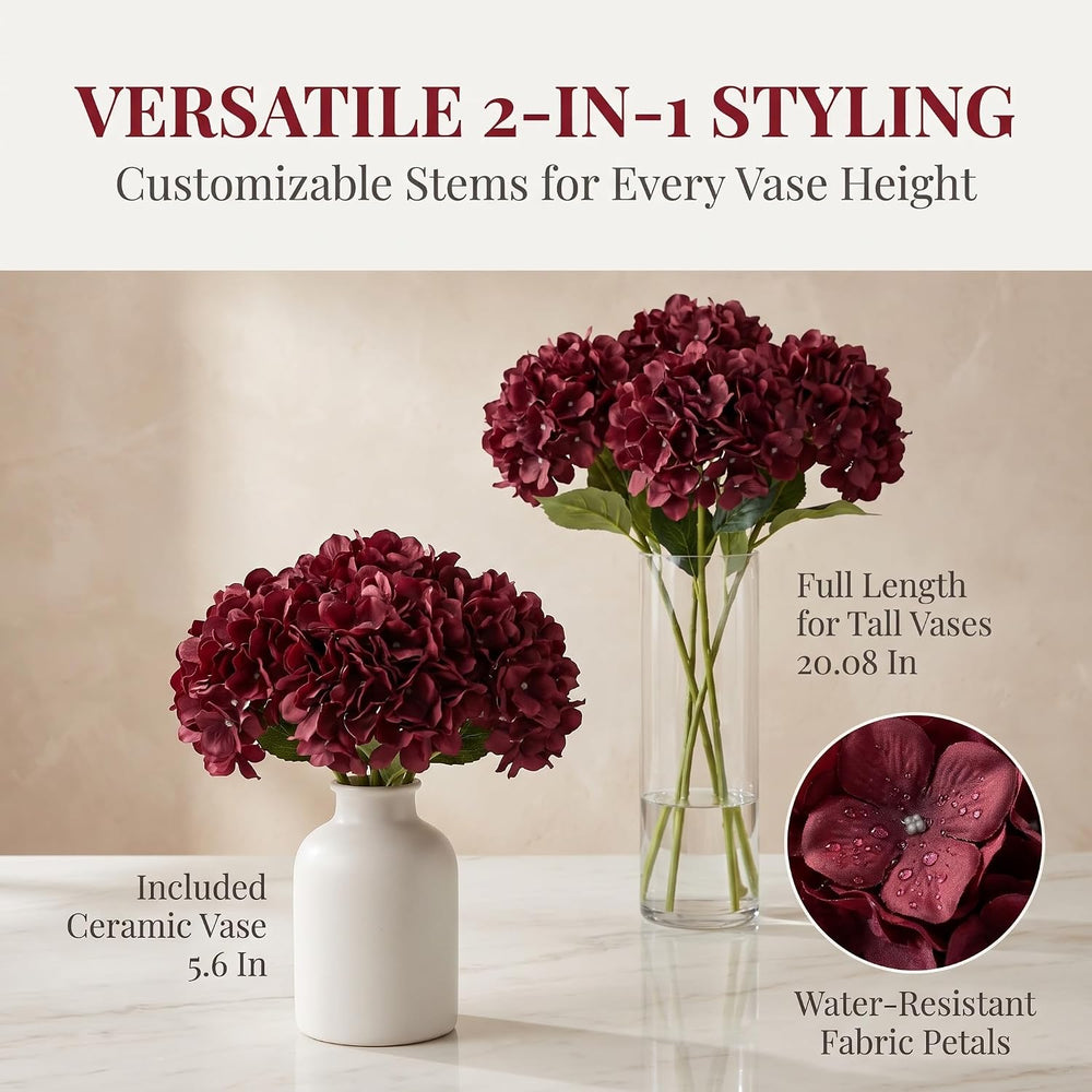 Artificial Hydrangea Flowers Set, 4Pcs 3D Printed Soft Rubber Blooms with Cer...