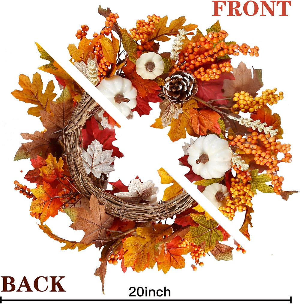 Sggvecsy Fall Wreath 20’’ Autumn Front Door Wreath Harvest Wreath with White ...