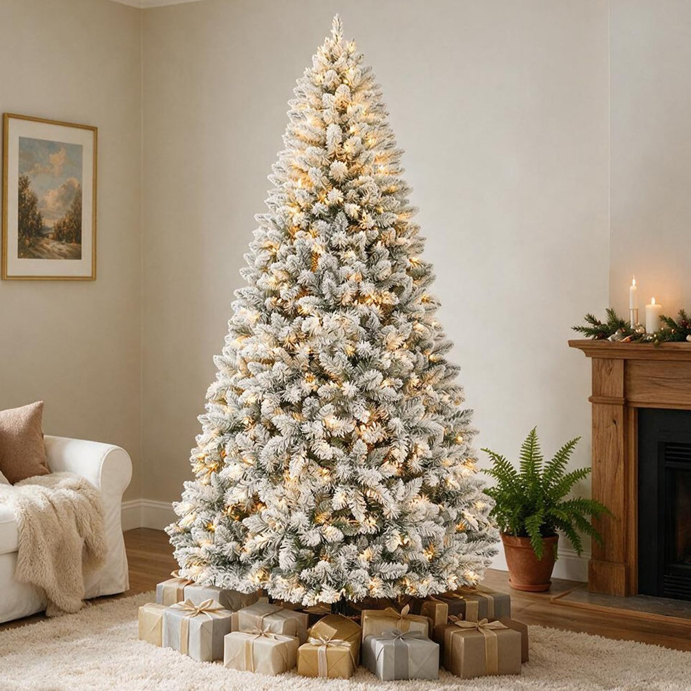 7FT Flocked Prelit Artificial Hinged Christmas Tree
