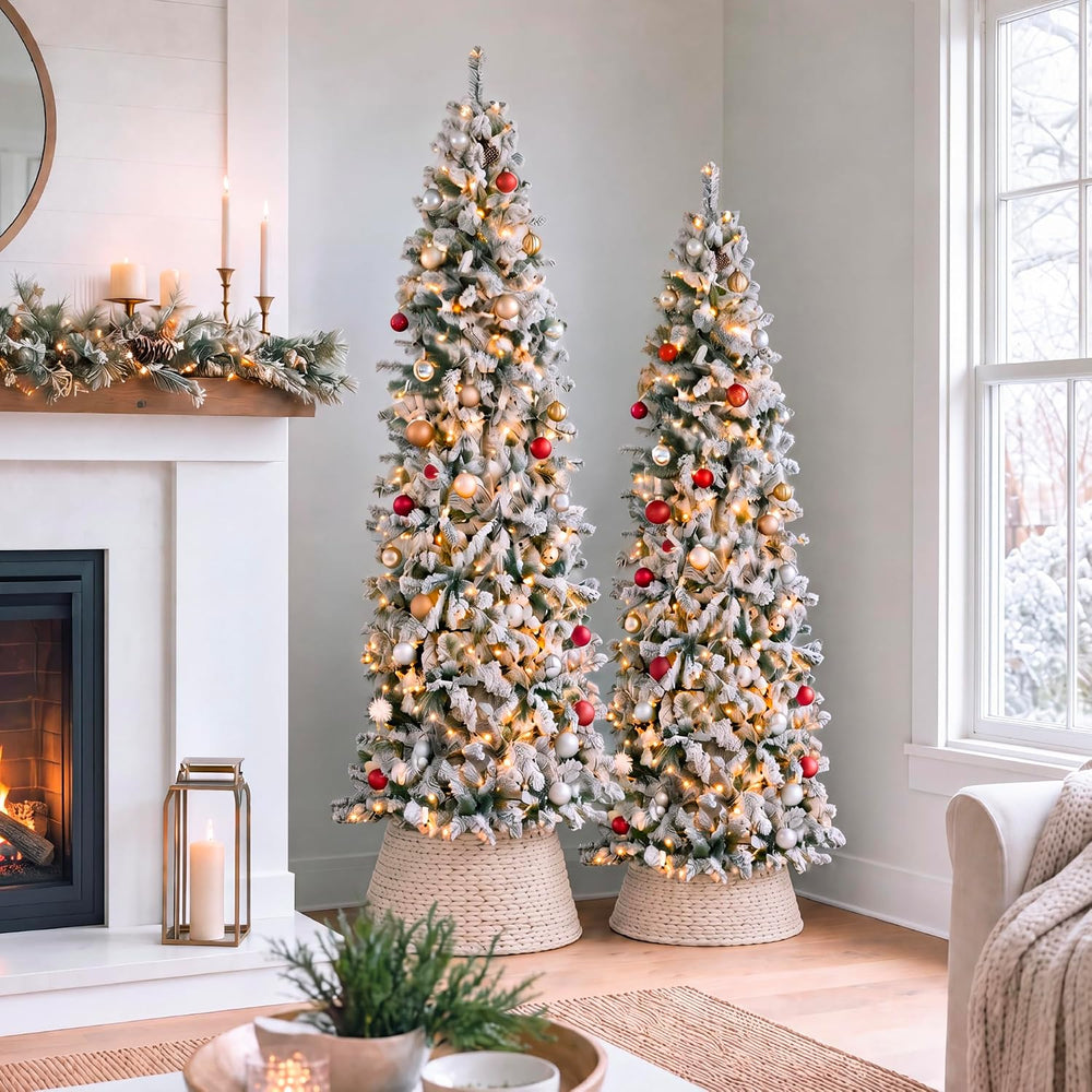 Best Choice Products 7.5ft Flocked Pencil Christmas Tree w/Twinkling LEDs, Pr...
