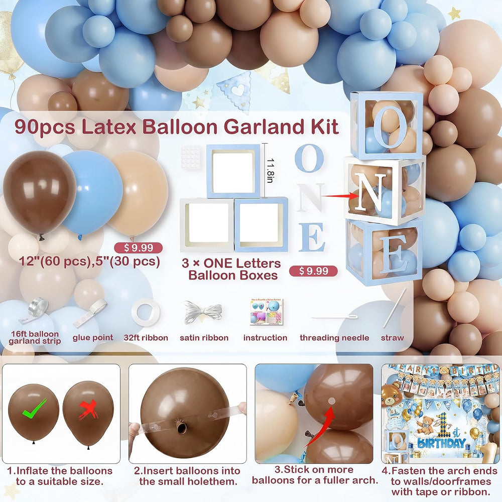 365 Pcs Beary First Birthday Decorations for Boy Blue Bear All-in-One Set