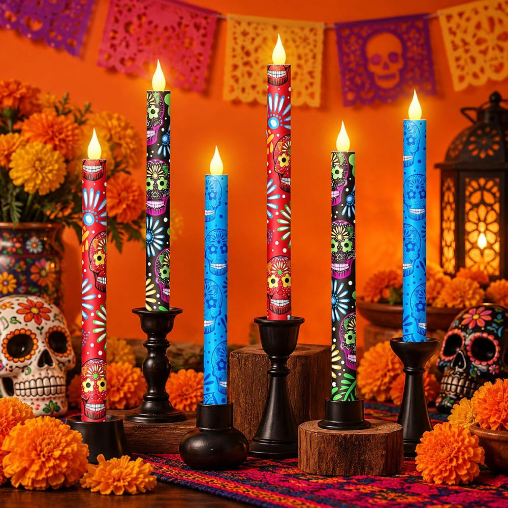 Honoson 6 Pcs Dia De Los Muertos Flameless Taper Candles, Battery Operated