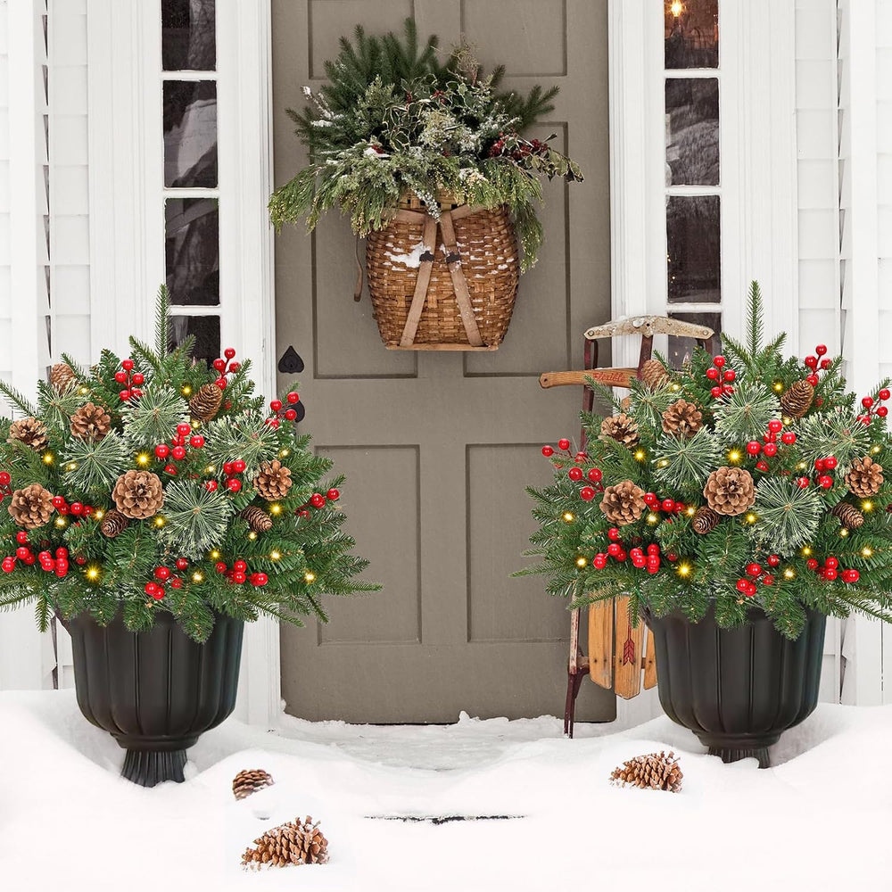 Outdoor Christmas Tree Urn Filler, Prelit Planter Bushes, 26 Inch Lighted Art...