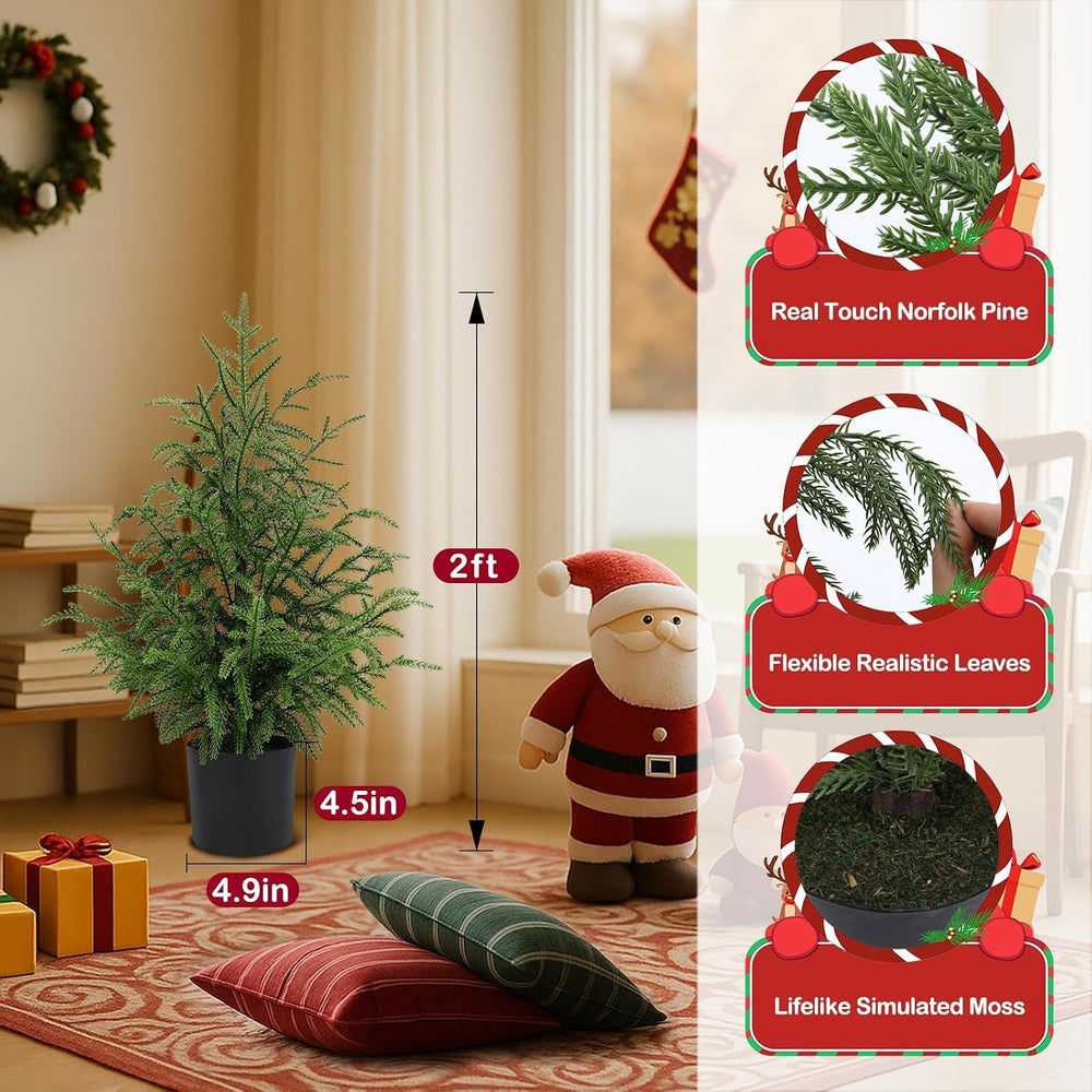 2FT Norfolk Pine Christmas Trees – Set of 2 Small Artificial Pre-lit Trees, 3...