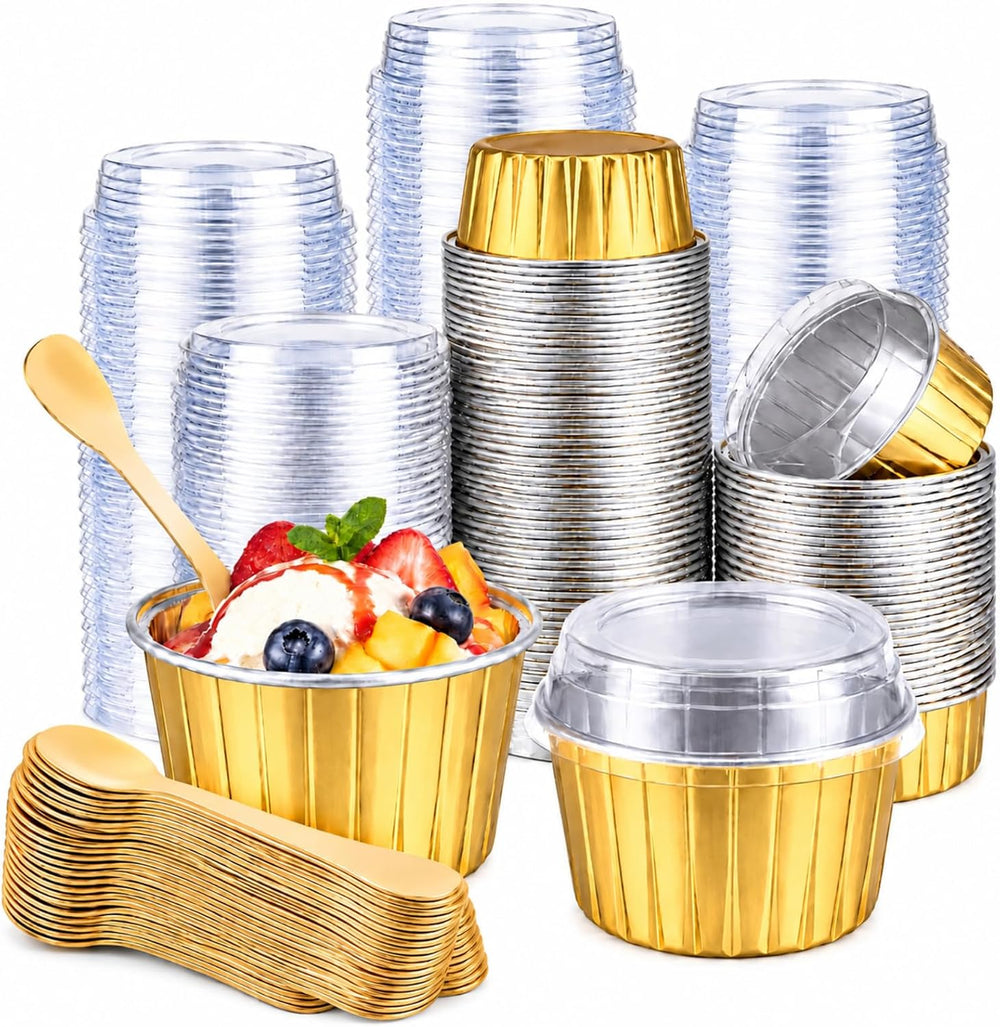Hushee 300 Set Aluminum Foil Baking Cups with Lid Spoons, Round, Gold