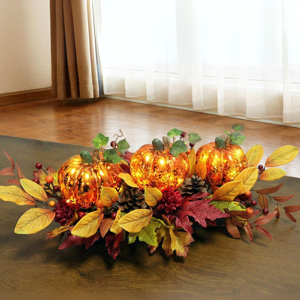 LED Lighted Pumpkin Fall Centerpiece with Maple Leaves, Berries & Pinecon...