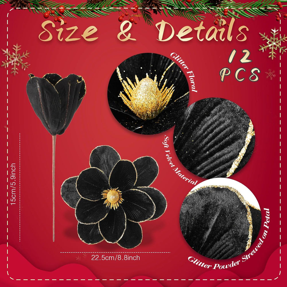 12 Pcs Large Velvet Christmas Poinsettia Magnolia Flowers Ornaments Glitter B...