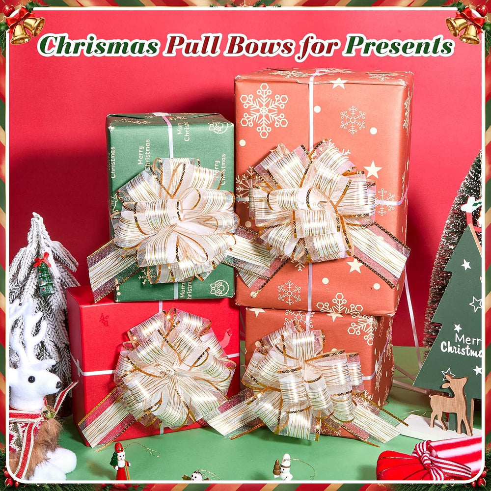48 Pcs 6 Inch Xmas Pull Bows for Gift Wrapping, White,Gold