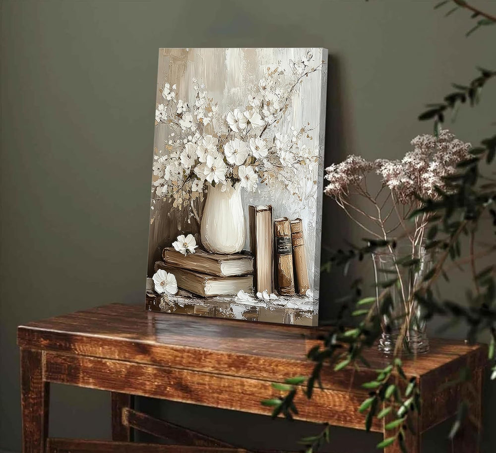 Vintage Books and White Flowers Canvas Wall Art,16x24 Inch