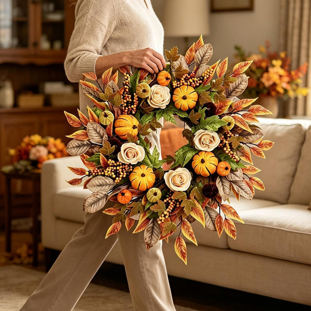 24 Inch Fall Wreaths for Front Door, Autumn Pumpkins Wreaths