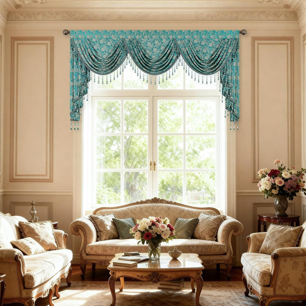 Victorian Damask Jacquard Waterfall Valance, 79 x 43, Teal Blue