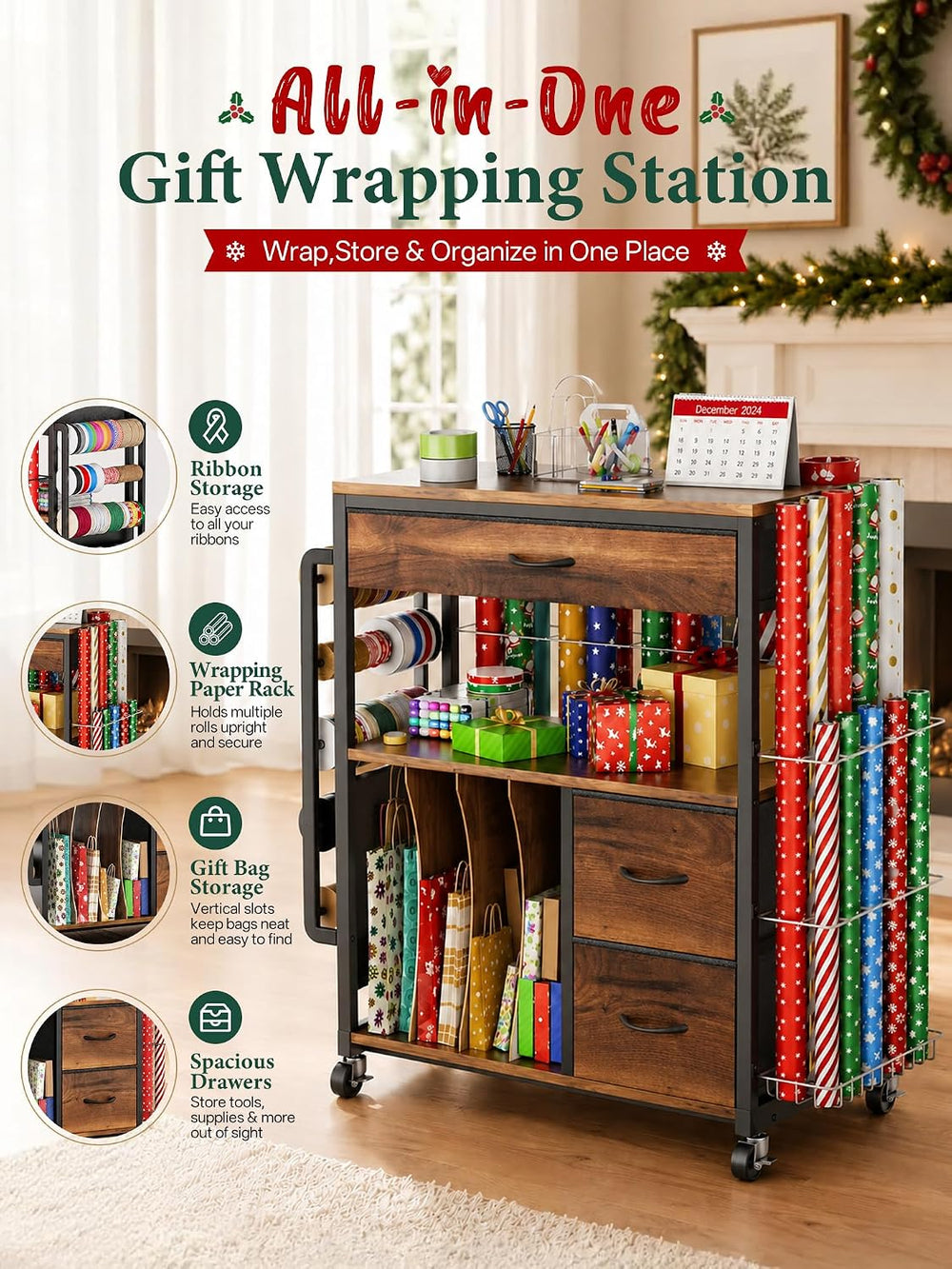 MAX Wrapping Paper Storage Cart, Up to 30 Rolls, Wood Grain