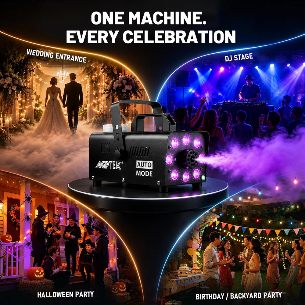 AGPTEK Fog Machine, 12 Colors, 600W Smoke Machine, Low Fluid Auto Shutoff