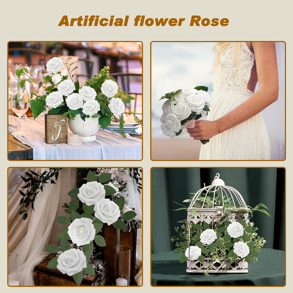 100 PCS White Artificial Flowers Realistic Roses - Real Looking Fake Roses wi...