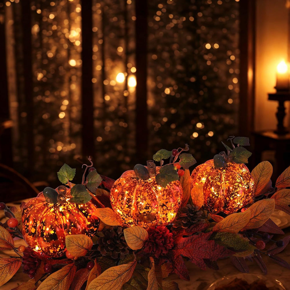 LED Lighted Pumpkin Fall Centerpiece with Maple Leaves, Berries & Pinecon...
