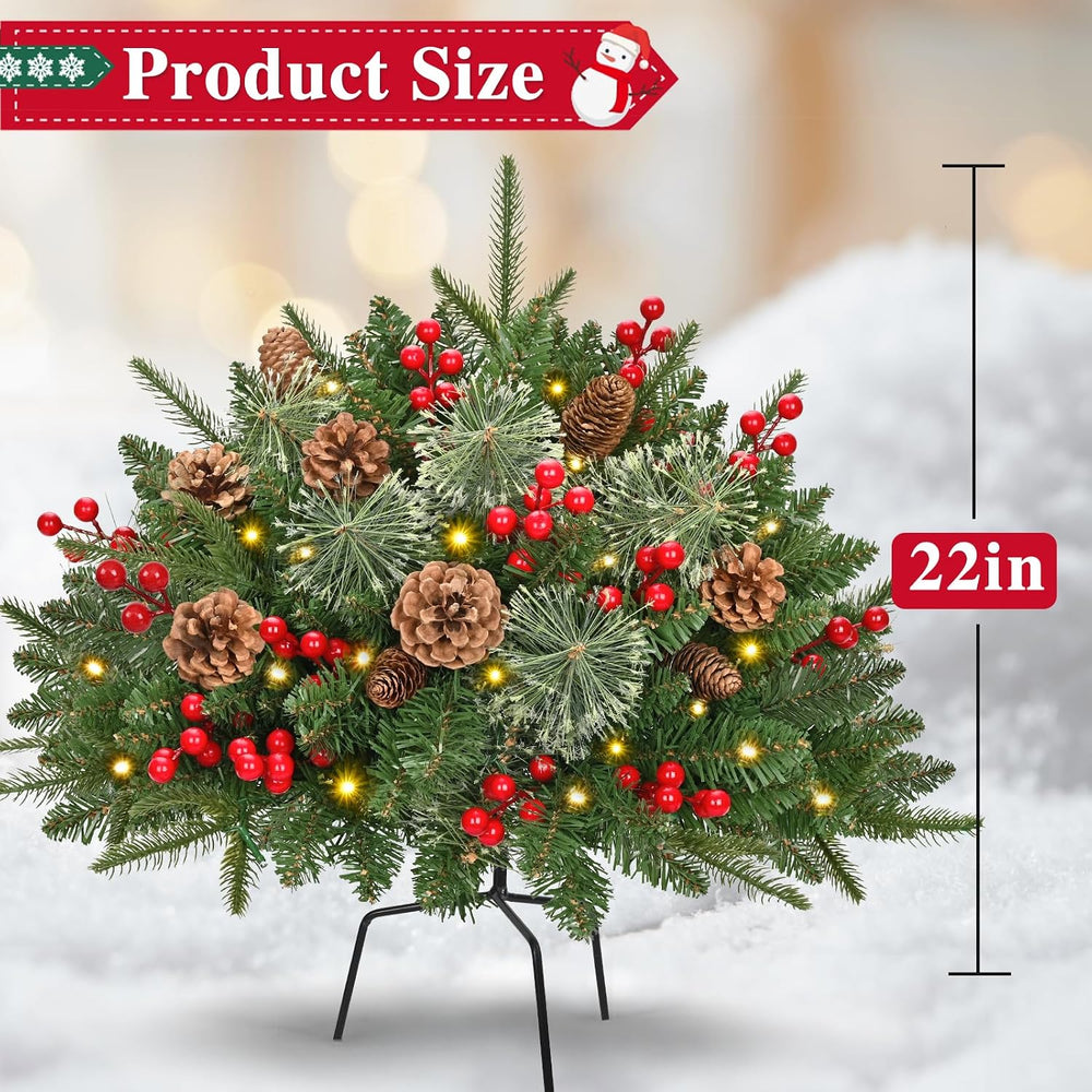 Outdoor Christmas Tree Urn Filler, Prelit Planter Bushes, 26 Inch Lighted Art...