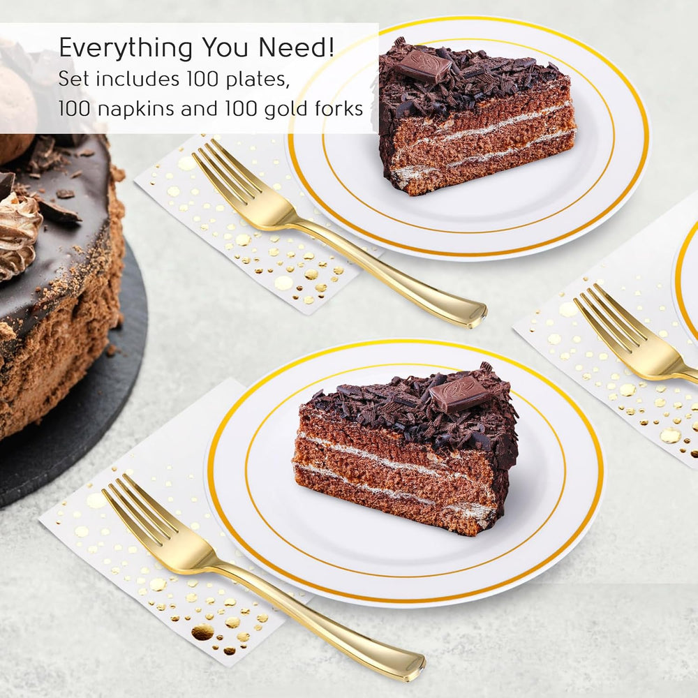 Gold Dessert Plates Set, 100 Wedding Cake Plates, Forks and Napkins, 7.5 In