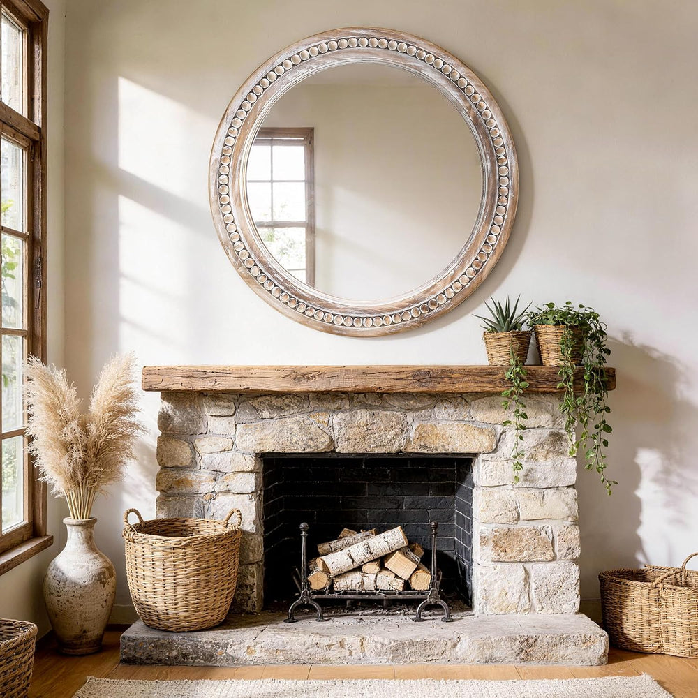 27 Inch Wooden Round Beaded Wall Mirror,Farmhouse Wood Round Mirror