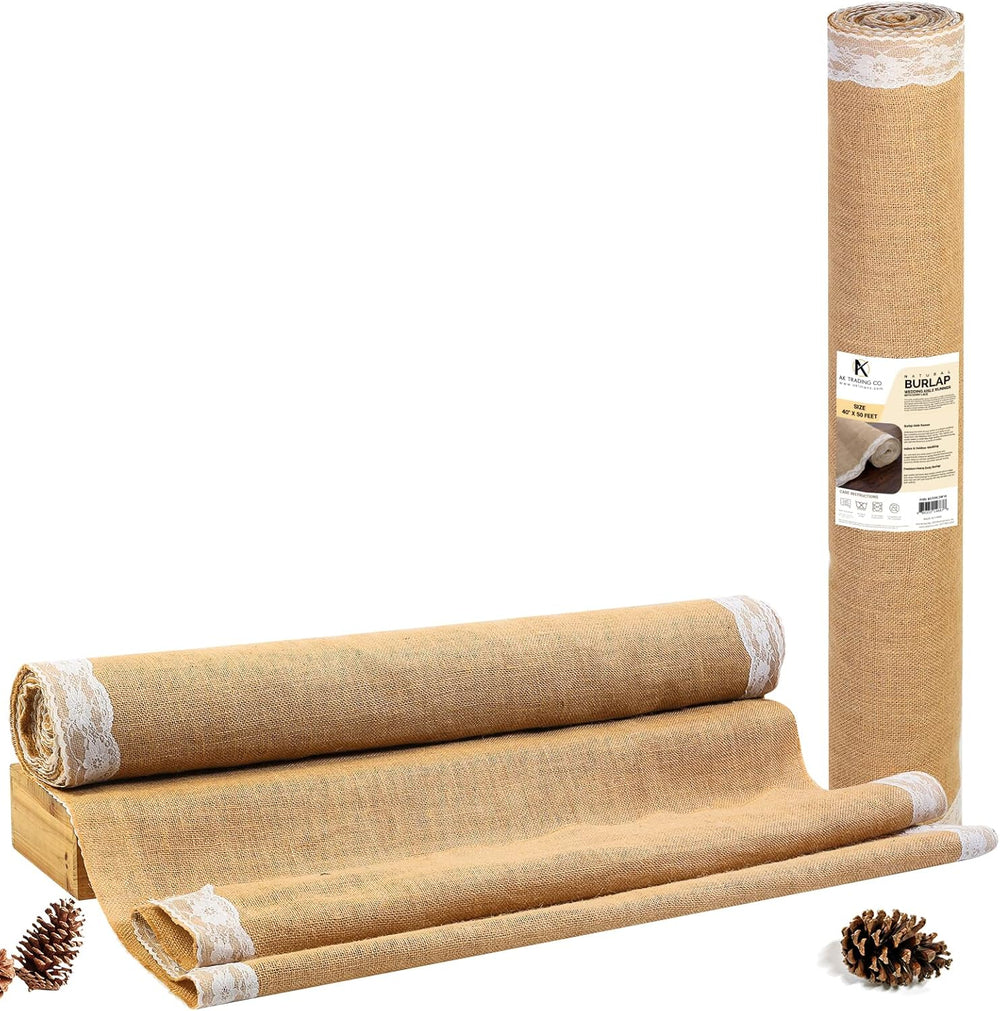 AK TRADING CO. 40" Wide Natural Burlap Wedding Aisle Runner with Ivory L...