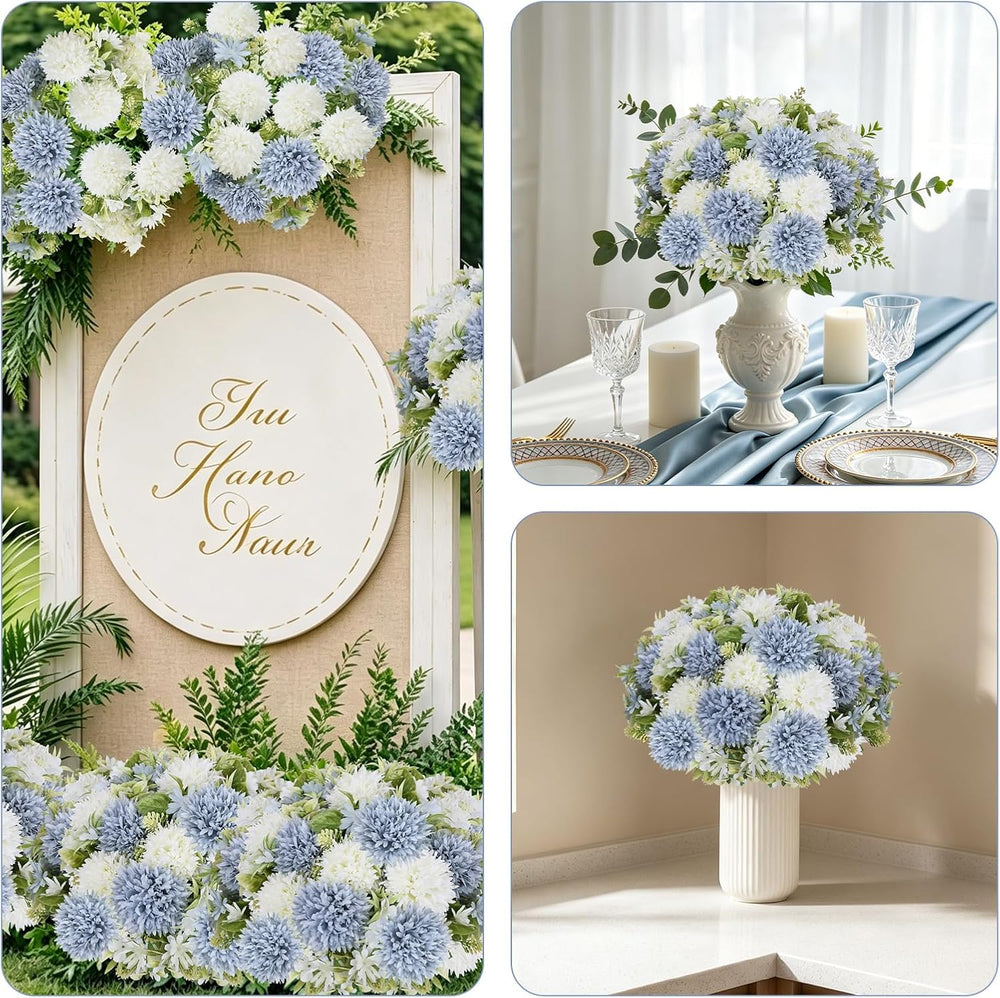 Dusty Blue White Artificial Flowers 12 Bundles Silk Floral with Stem
