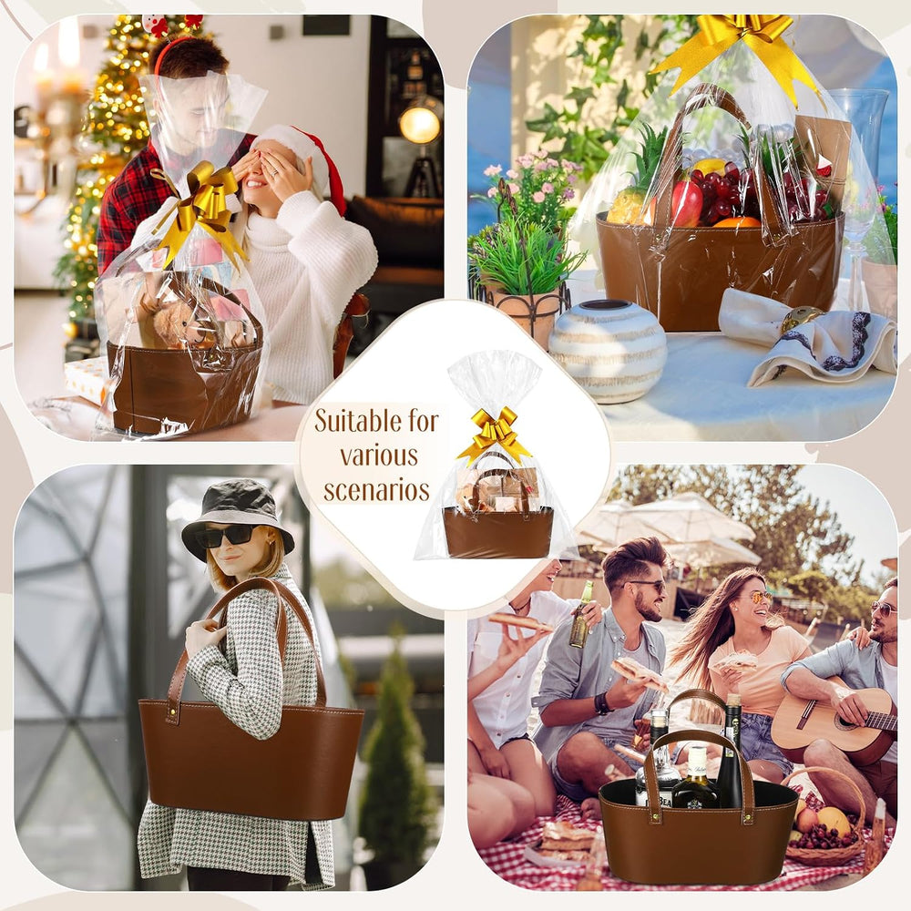 Wonderjune Empty Baskets for Gift Leather Thanksgiving Gift Bags, Brown