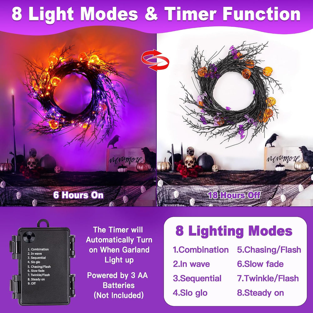 9FT 72 LED Halloween Garland with Lights Lighted Black Willow Vine Decoration...