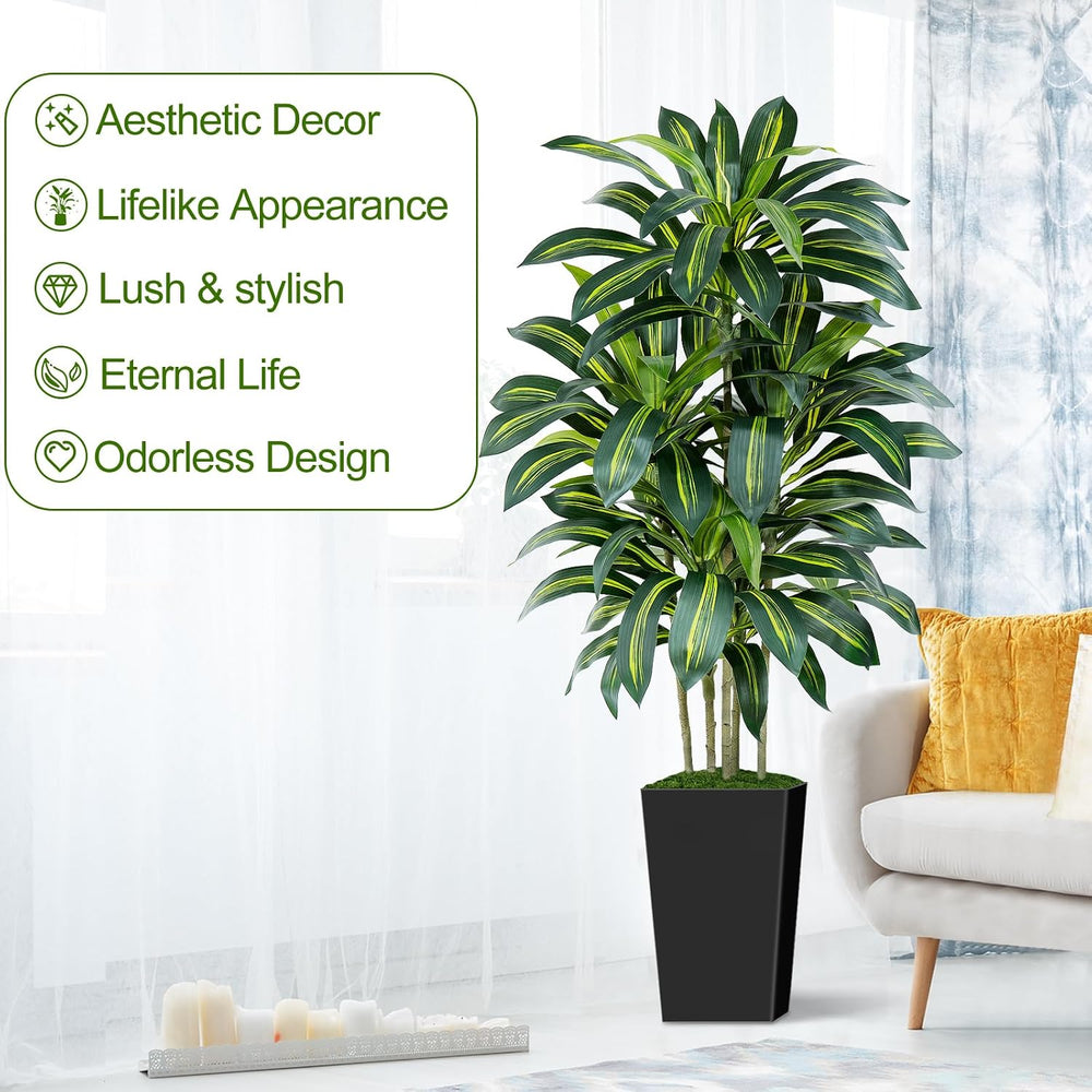 5FT Artificial Dracaena Tree - High-Density Foliage Fake Plant with Black Tal...