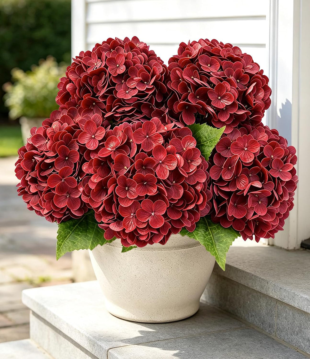 5Pcs Red Faux Hydrangeas Artificial Flowers with Stems & Leaves