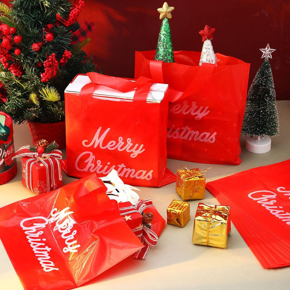 Teling 100 Pcs Christmas Bags Bulk with Handles, Red, 15x18 Inch