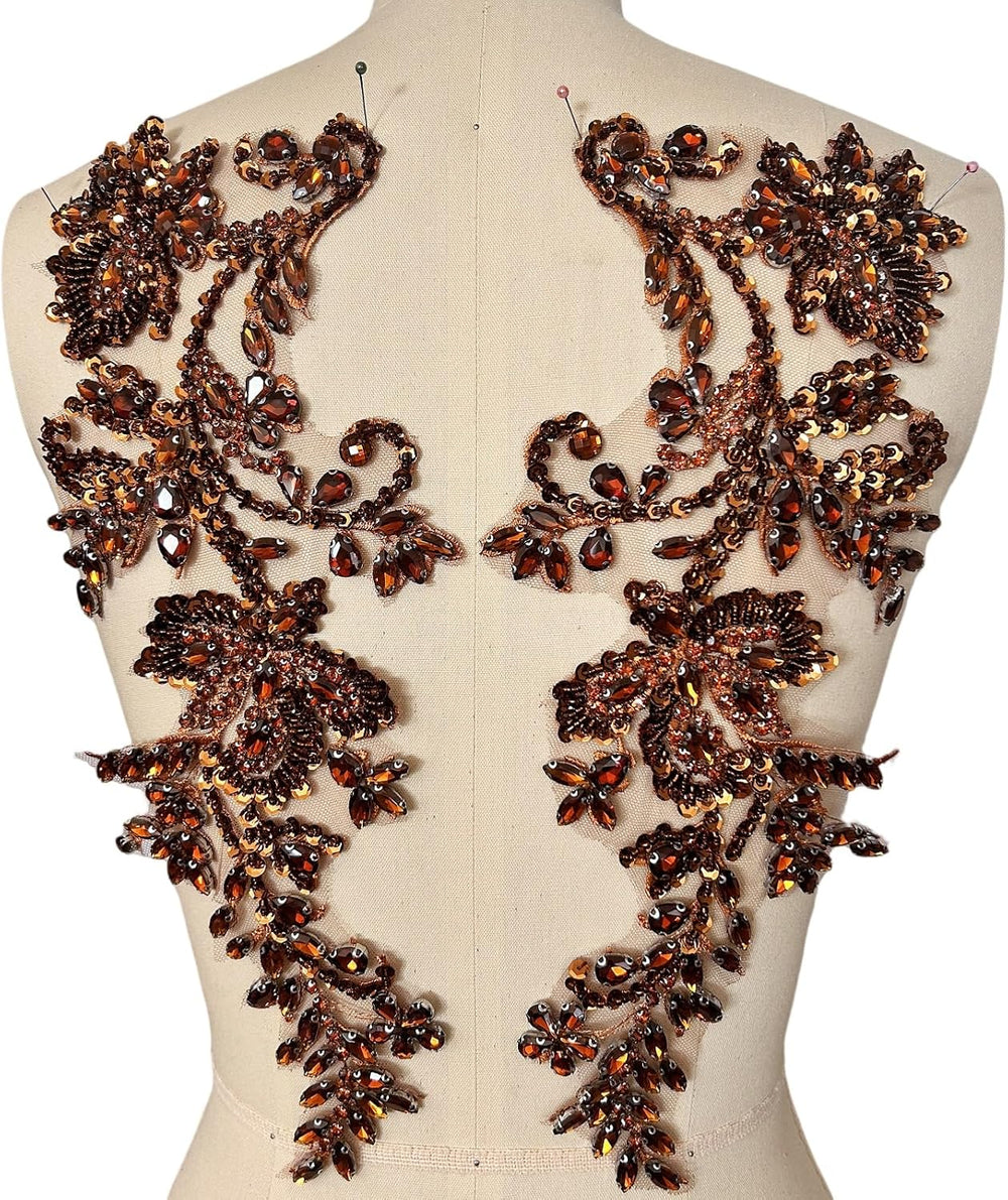 1 Pair/lot Costumes Beaded Appliques and Patches with Crystals Rhinestones Se...