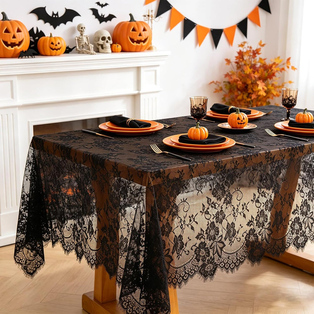 Lace Tablecloth 10FT Rectangle Wedding Overlay Black Halloween Fabric 2Pack