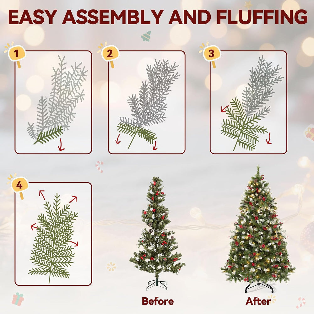DWVO 6ft Pre-Lit Christmas Tree Pine Cones Red Berries 250 Dual Color LED