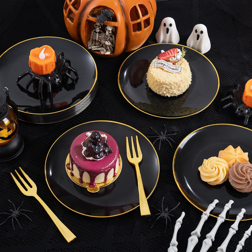 200Pcs Black Gold Dessert Plates 6.3" with Plastic Forks 5"- Small ...