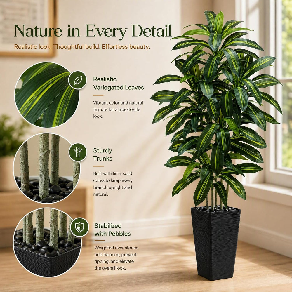 Artificial Dracaena Tree: 5FT Fake Plants Silk Faux Trees(Black Pot)