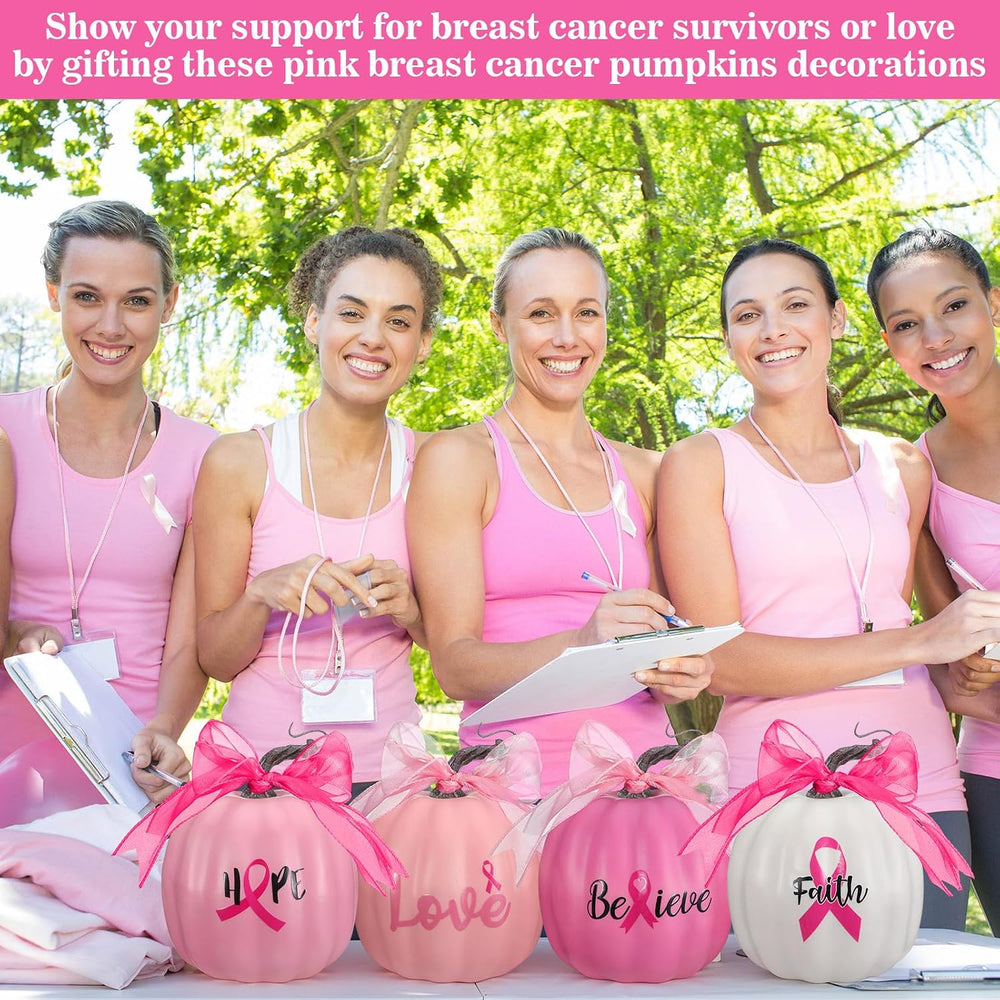 4 Sets Breast Cancer Awareness Pumpkins Decorations Pink Artificial Foam Pump...